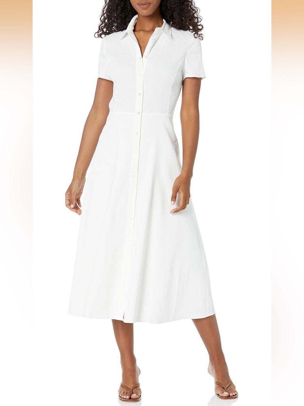 Theory 16 White Linen Eco Crunch Wash Short Sleeve Collared Midi Shirt Dress
